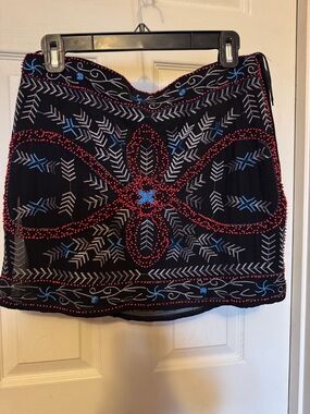 Lulu's Black Mini Skirt with Red Beaded & Blue Embroidery